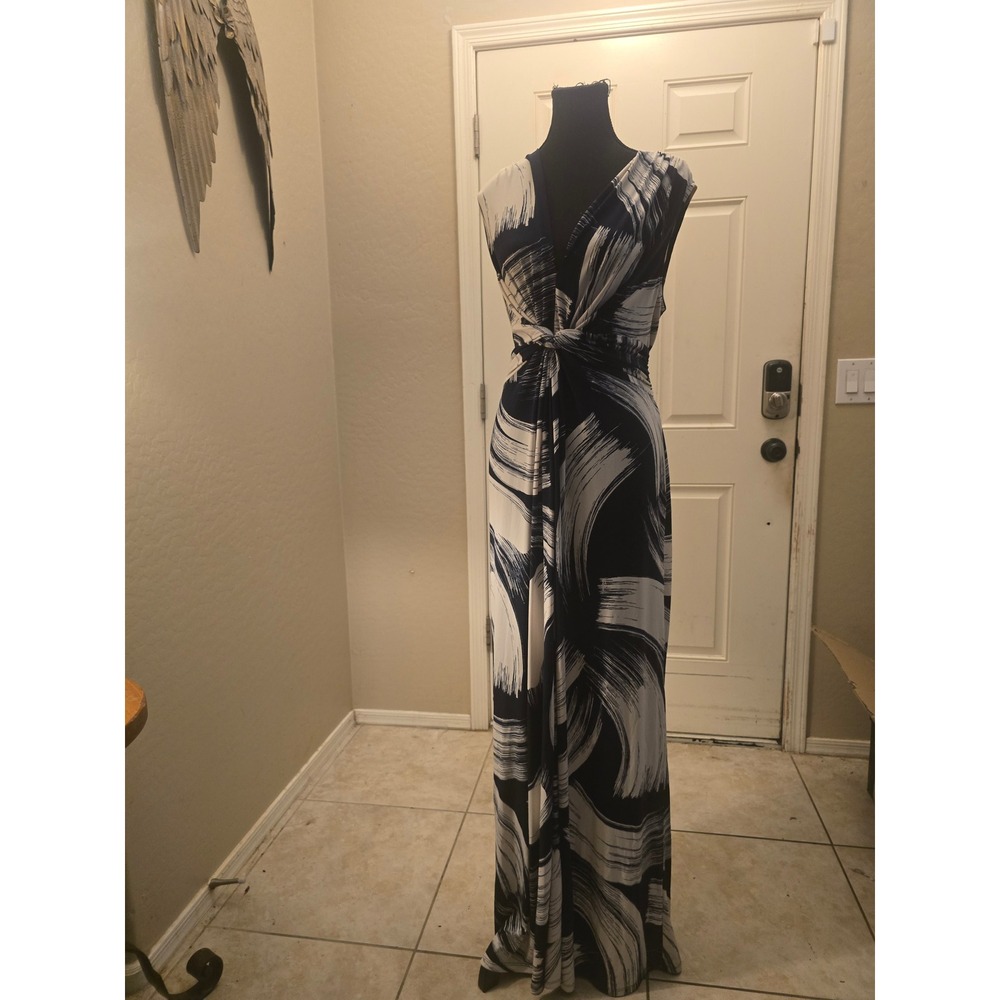Eliza J Navy White Abstract Brushstroke Maxi Dress Size 12 E